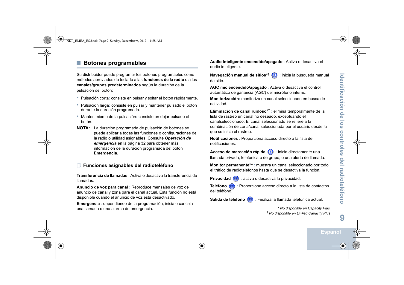 Botones programables, Funciones asignables del radioteléfono, Identificación de los c ontroles del radioteléfono | Motorola DP 2400 User Manual | Page 225 / 472