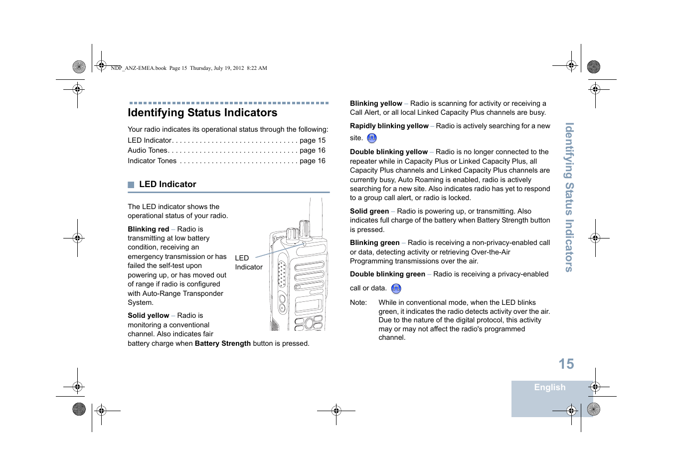 Identifying status indicators, Led indicator, Identifying s tatus indicators | Motorola DP 2400 User Manual | Page 23 / 472