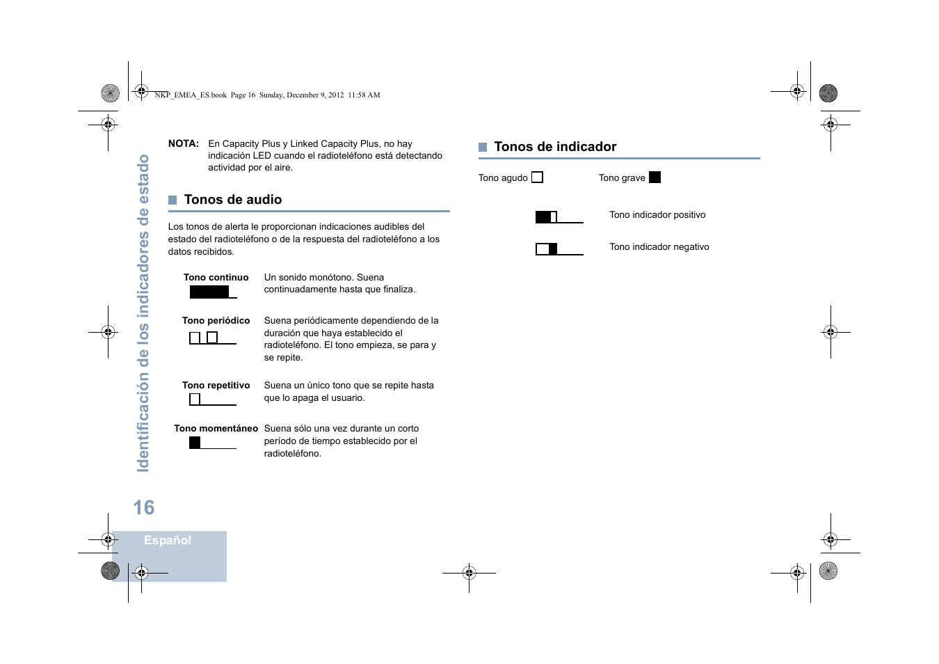 Tonos de audio, Tonos de indicador, Tonos de audio tonos de indicador | Identificación de los indicadores de est ado | Motorola DP 2400 User Manual | Page 232 / 472