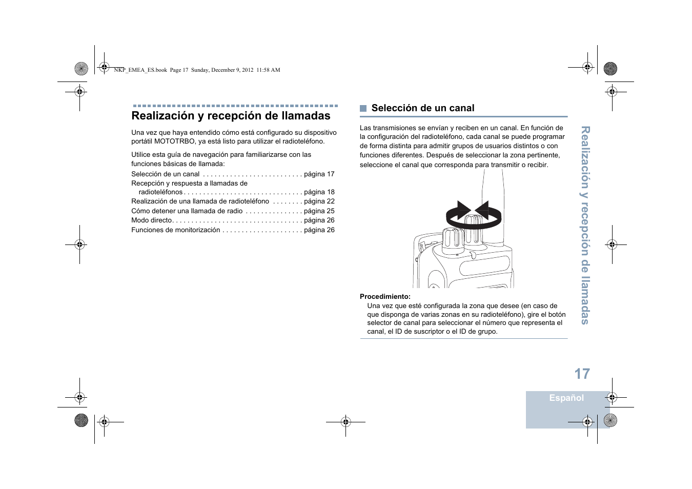 Realización y recepción de llamadas, Selección de un canal, Realización y rece pción de llamadas | Motorola DP 2400 User Manual | Page 233 / 472