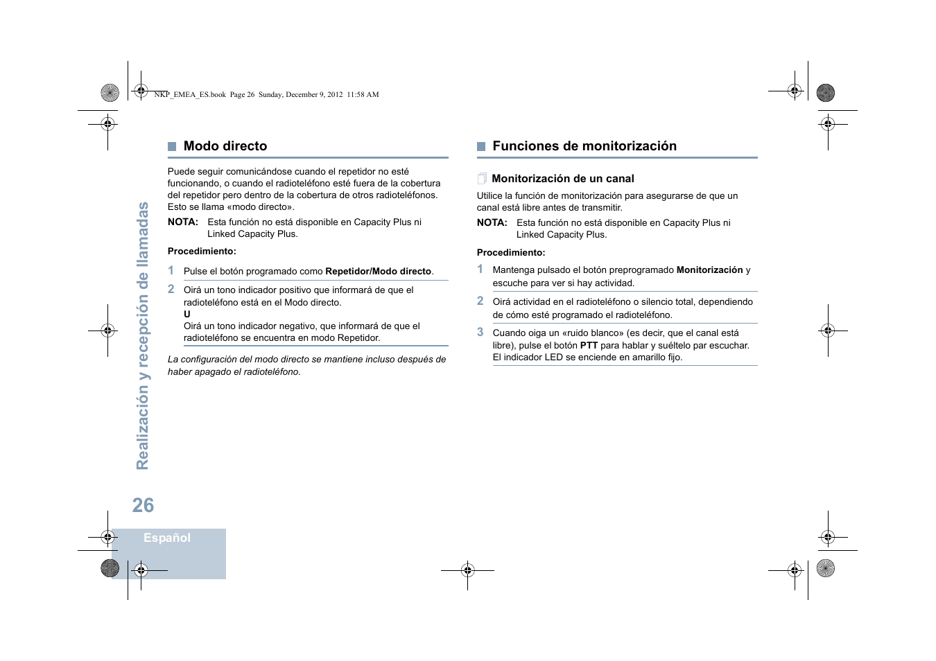 Modo directo, Funciones de monitorización, Monitorización de un canal | Modo directo funciones de monitorización, Realización y rece pción de llamadas | Motorola DP 2400 User Manual | Page 242 / 472