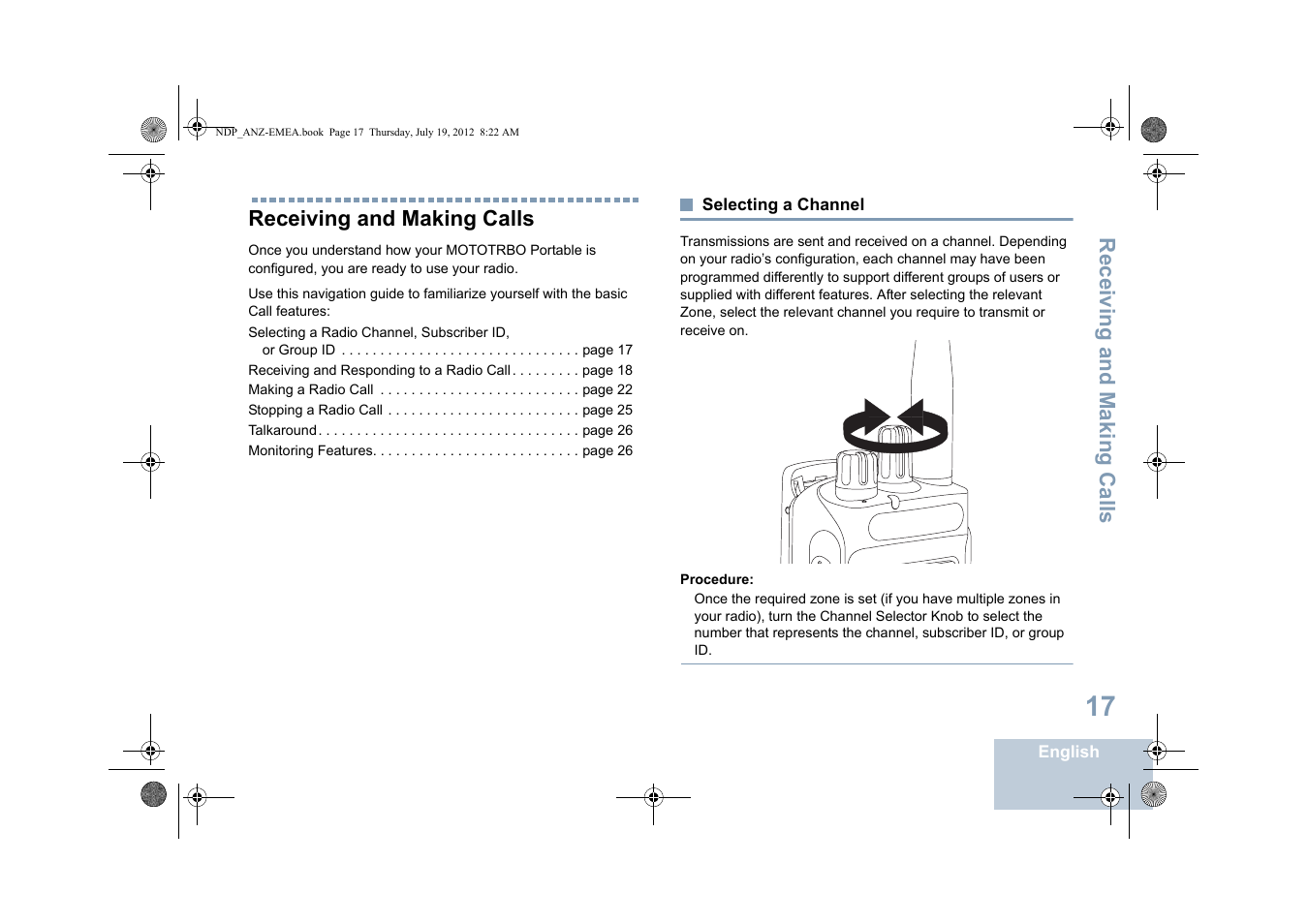 Receiving and making calls, Selecting a channel | Motorola DP 2400 User Manual | Page 25 / 472