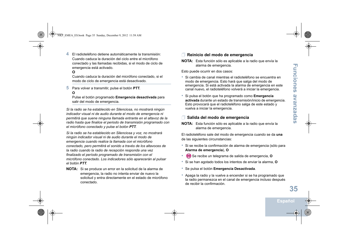 Reinicio del modo de emergencia, Salida del modo de emergencia, Funciones avanzadas | Motorola DP 2400 User Manual | Page 251 / 472