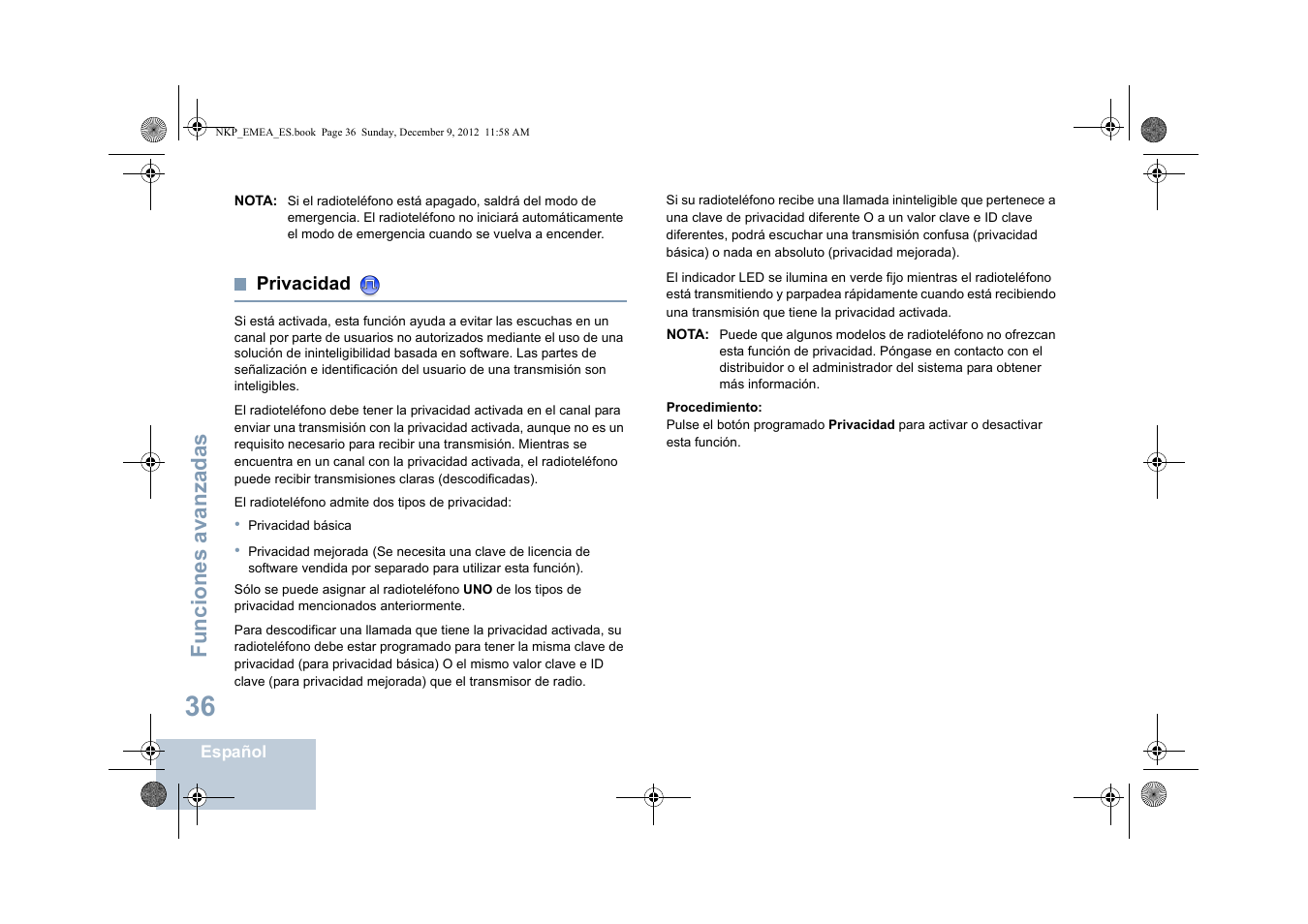 Privacidad, Funciones avanzadas | Motorola DP 2400 User Manual | Page 252 / 472