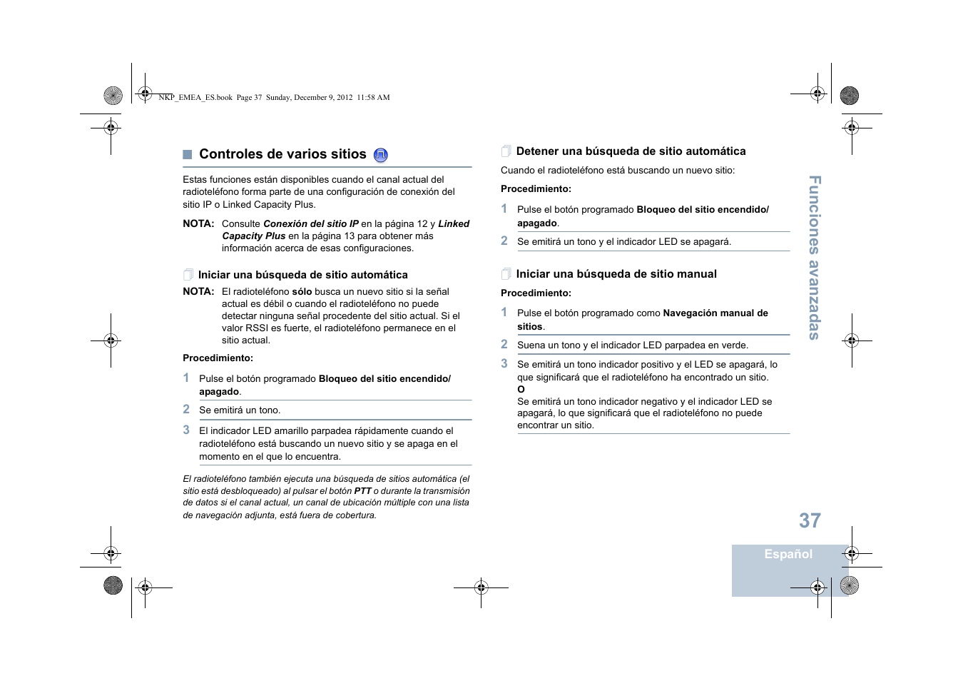 Controles de varios sitios, Iniciar una búsqueda de sitio automática, Detener una búsqueda de sitio automática | Iniciar una búsqueda de sitio manual, Funciones avanzadas | Motorola DP 2400 User Manual | Page 253 / 472