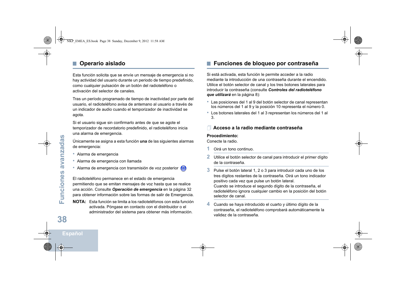 Operario aislado, Funciones de bloqueo por contraseña, Acceso a la radio mediante contraseña | Funciones avanzadas | Motorola DP 2400 User Manual | Page 254 / 472