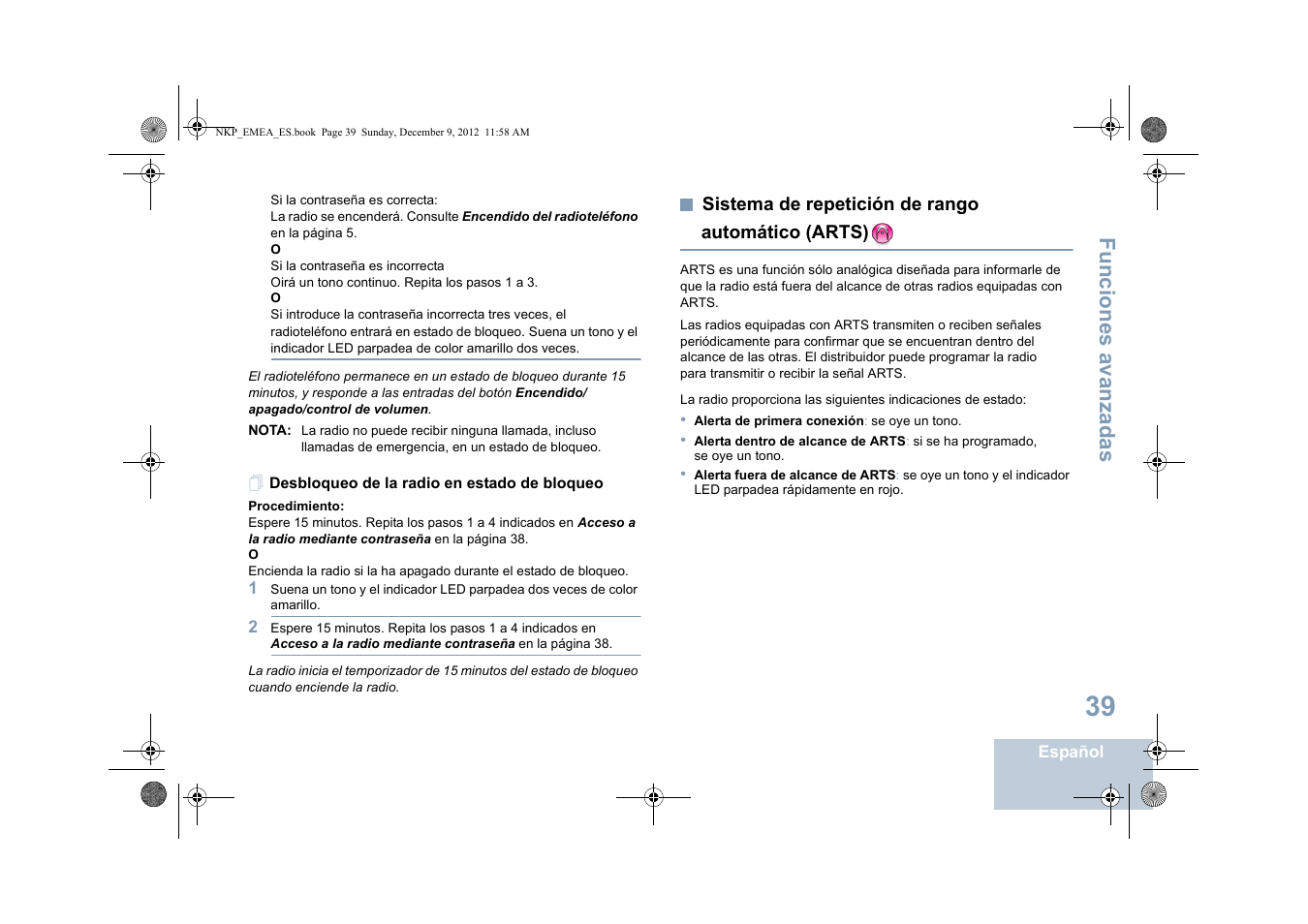 Desbloqueo de la radio en estado de bloqueo, Sistema de repetición de rango automático (arts), Sistema de repetición de rango | Automático (arts), Funciones avanzadas | Motorola DP 2400 User Manual | Page 255 / 472