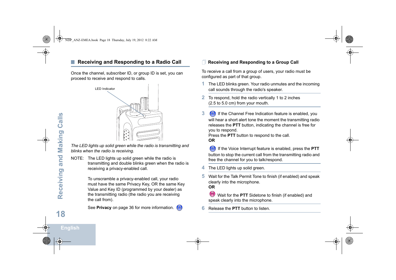 Receiving and responding to a radio call, Receiving and responding to a group call, Receiving and making calls | Motorola DP 2400 User Manual | Page 26 / 472