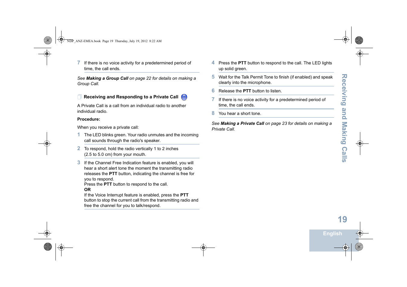 Receiving and responding to a private call, Receiving and making calls | Motorola DP 2400 User Manual | Page 27 / 472