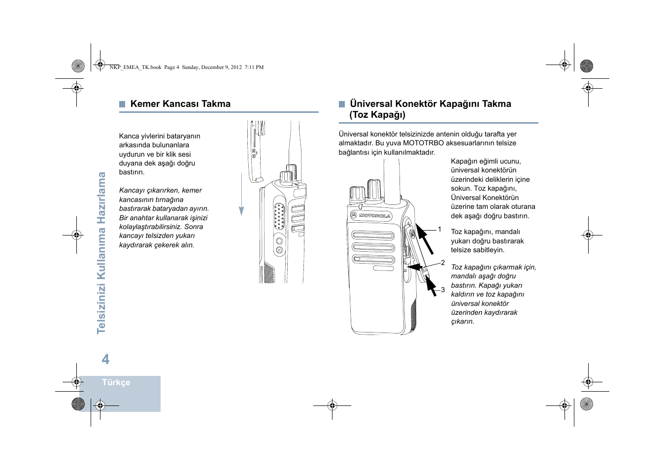 Kemer kancası takma, Üniversal konektör kapağını takma (toz kapağı), Sayfa | Motorola DP 2400 User Manual | Page 272 / 472