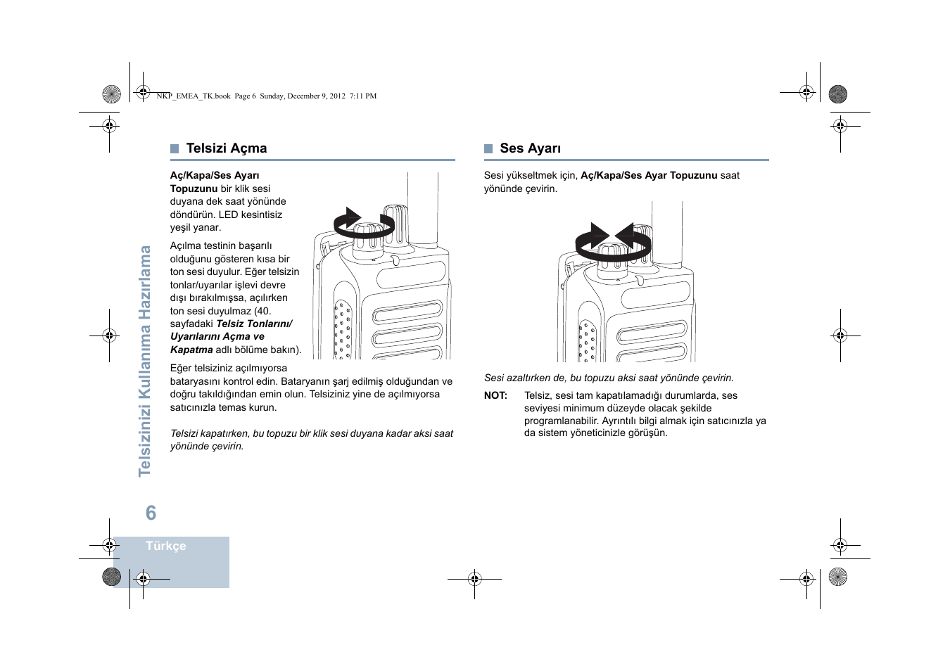 Telsizi açma, Ses ayarı, Sayfa ses ayarı | Sayfa | Motorola DP 2400 User Manual | Page 274 / 472