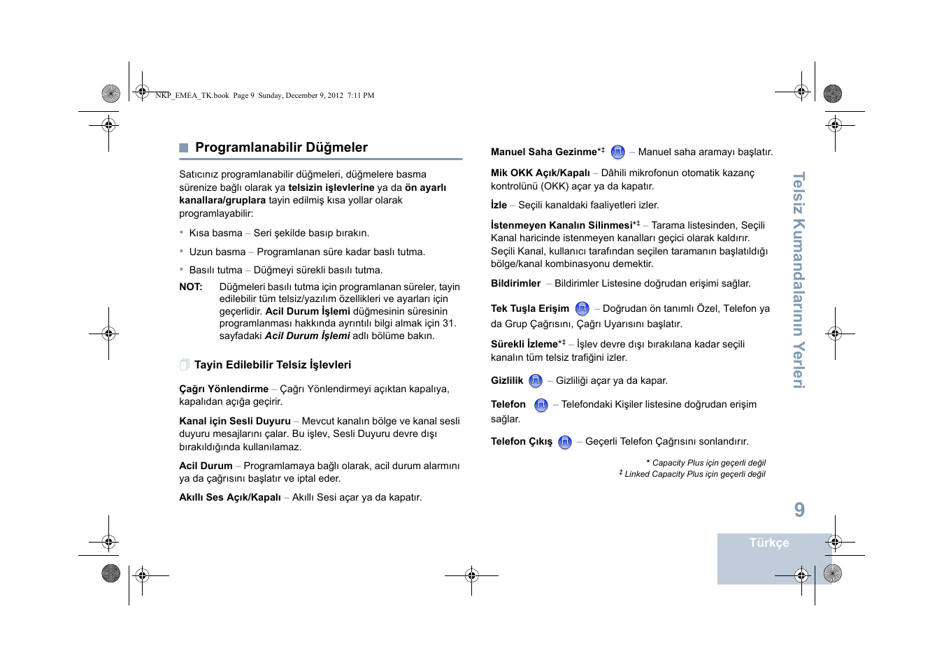 Programlanabilir düğmeler, Tayin edilebilir telsiz işlevleri, Sayfa | Te lsiz kumandalar ın ın y erleri | Motorola DP 2400 User Manual | Page 277 / 472