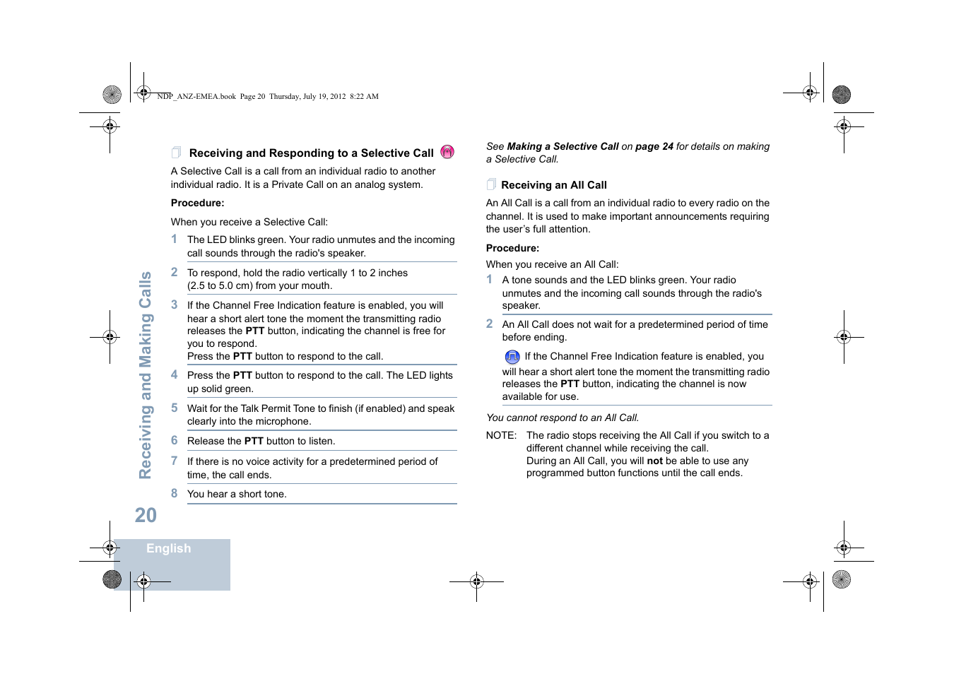 Receiving an all call, Receiving and making calls | Motorola DP 2400 User Manual | Page 28 / 472