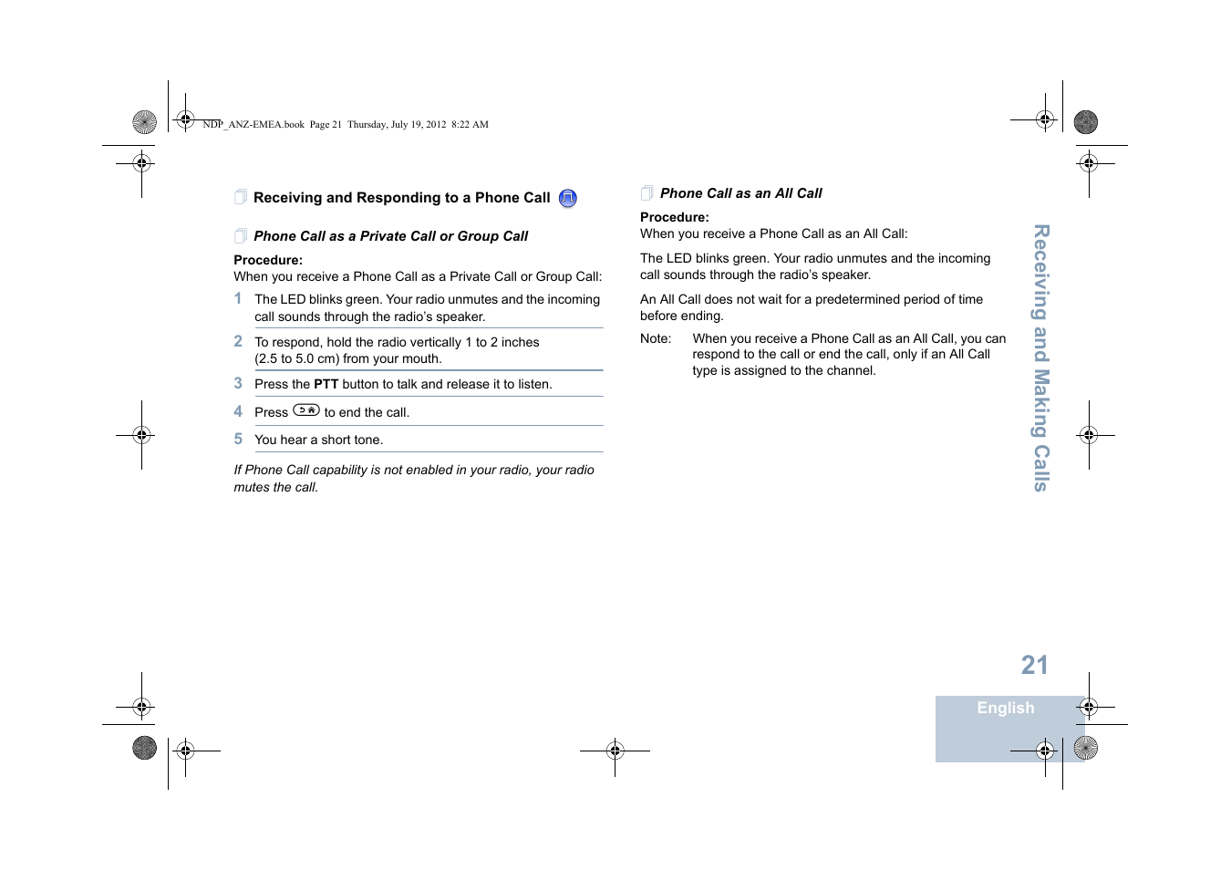 Receiving and responding to a phone call, Phone call as a private call or group call, Phone call as an all call | Receiving and making calls | Motorola DP 2400 User Manual | Page 29 / 472