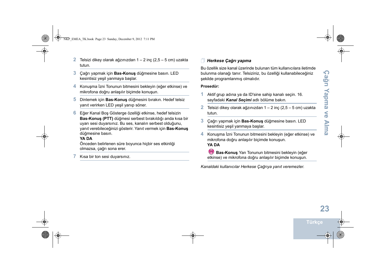 Herkese çağrı yapma | Motorola DP 2400 User Manual | Page 291 / 472