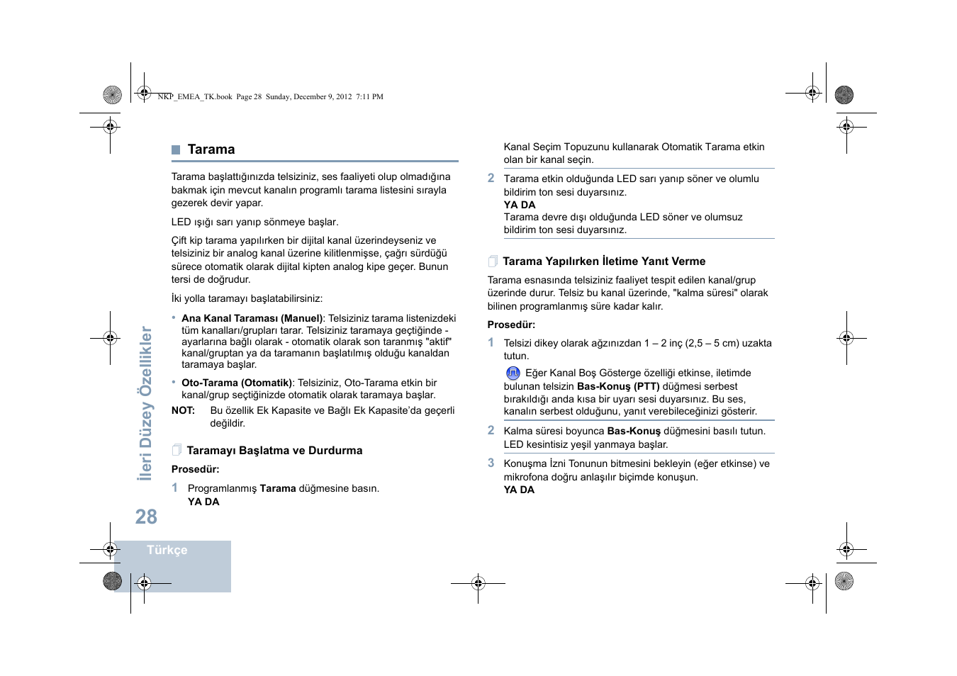 Tarama, Taramayı başlatma ve durdurma, Tarama yapılırken iletime yanıt verme | Sayfa, Ileri düzey özellikler | Motorola DP 2400 User Manual | Page 296 / 472