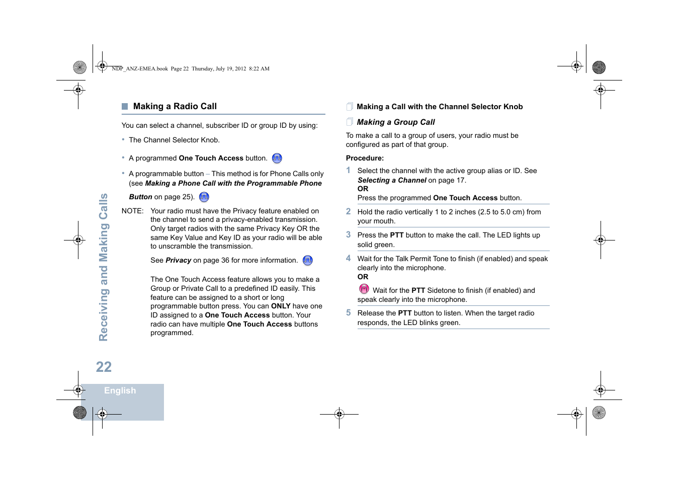 Making a radio call, Making a call with the channel selector knob, Making a group call | See making a group call, Receiving and making calls | Motorola DP 2400 User Manual | Page 30 / 472