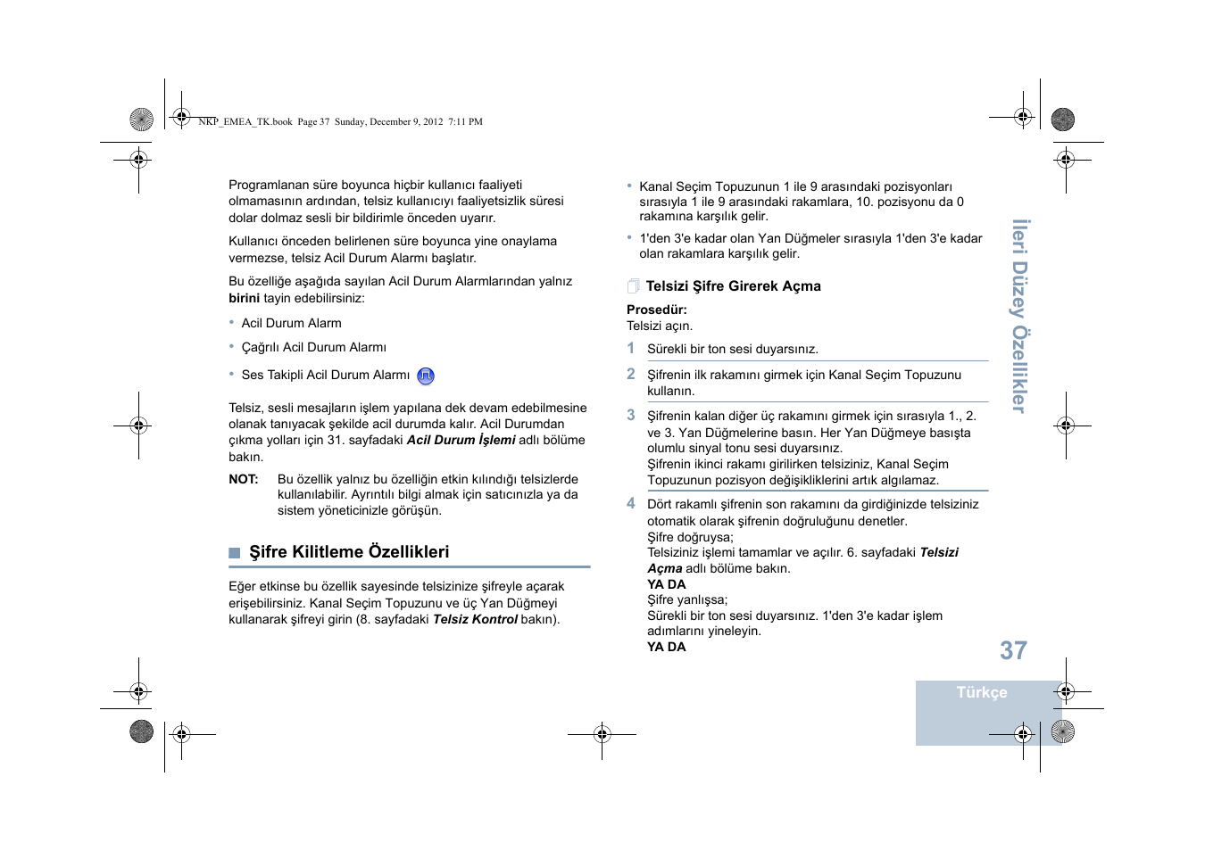 Şifre kilitleme özellikleri, Telsizi şifre girerek açma, Sayfa | Ileri düzey özellikler | Motorola DP 2400 User Manual | Page 305 / 472