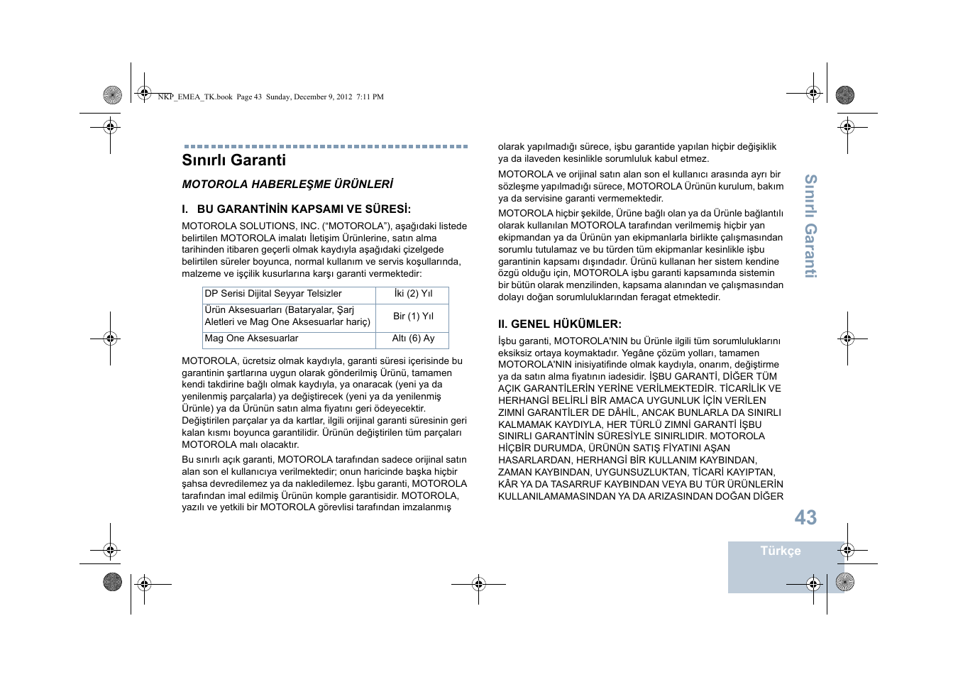 Sınırlı garanti, Sın ırl ı garanti | Motorola DP 2400 User Manual | Page 311 / 472