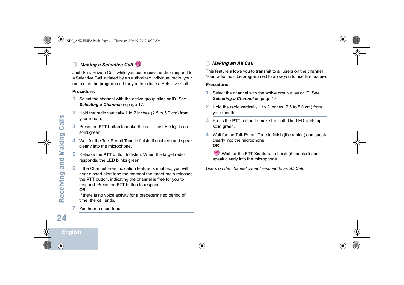 Making a selective call, Making an all call, Receiving and making calls | Motorola DP 2400 User Manual | Page 32 / 472