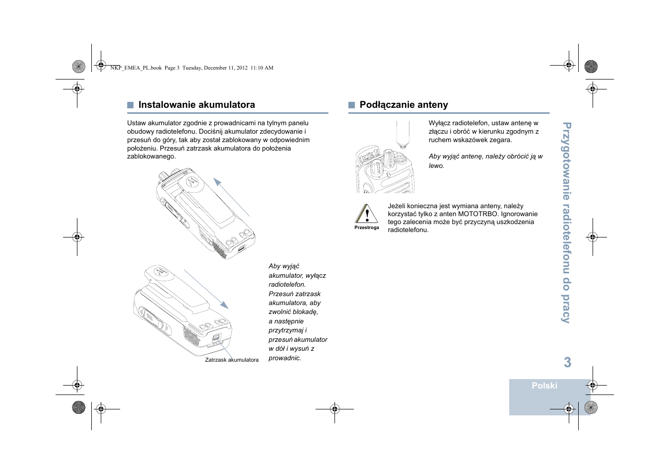 Instalowanie akumulatora, Podłączanie anteny, Instalowanie akumulatora podłączanie anteny | Motorola DP 2400 User Manual | Page 323 / 472