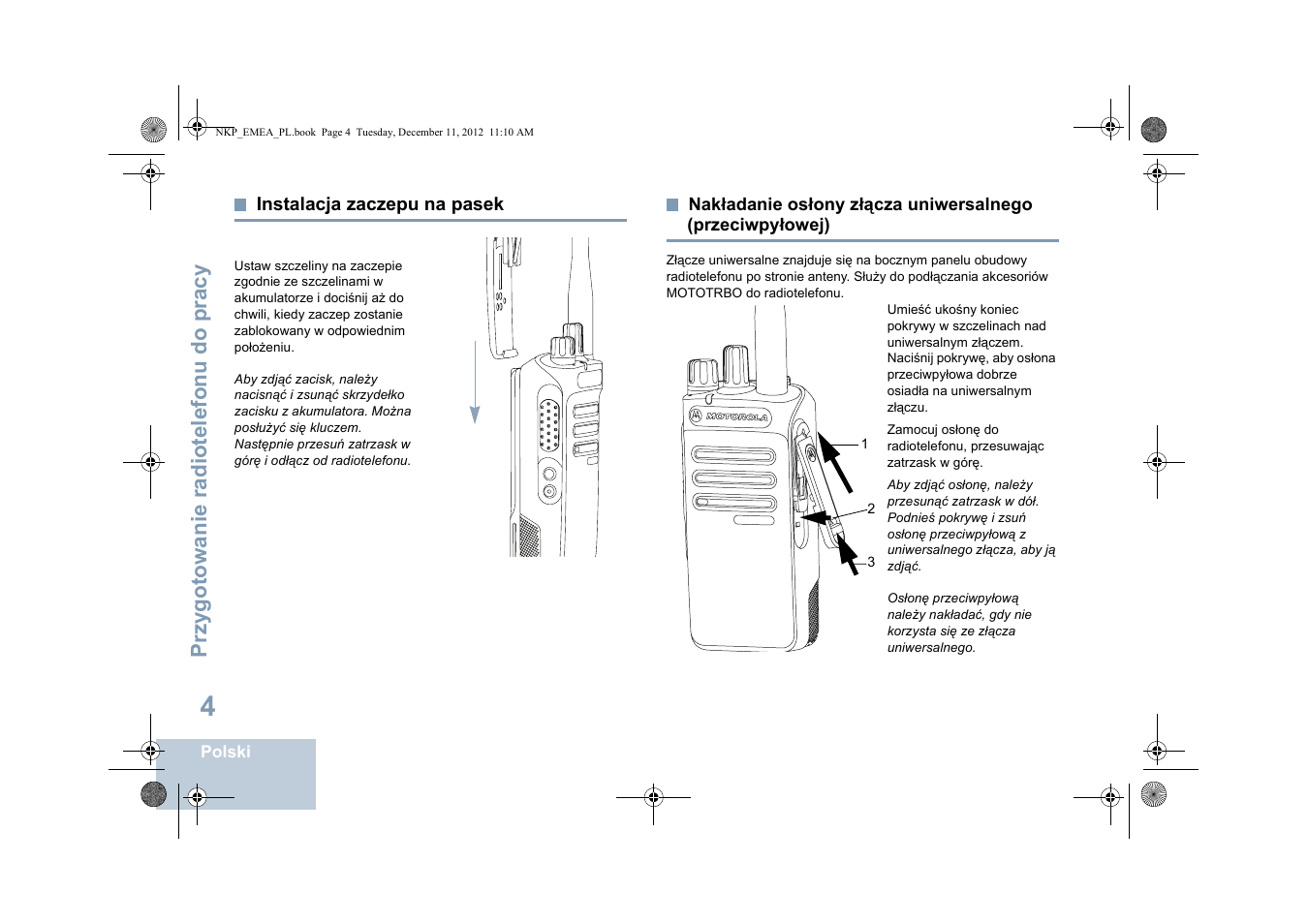 Instalacja zaczepu na pasek, Przeciwpyłowej), Przygotowanie radiotelefonu do pracy | Motorola DP 2400 User Manual | Page 324 / 472