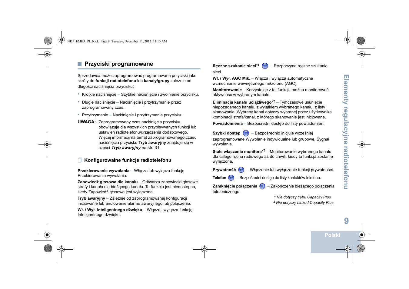 Przyciski programowane, Konfigurowalne funkcje radiotelefonu, Elementy regulacyjne radiotelefonu | Motorola DP 2400 User Manual | Page 329 / 472