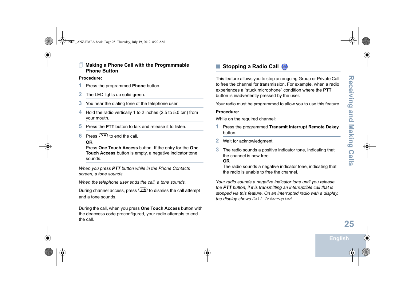 Stopping a radio call, Making a phone call with the programmable phone, Receiving and making calls | Motorola DP 2400 User Manual | Page 33 / 472