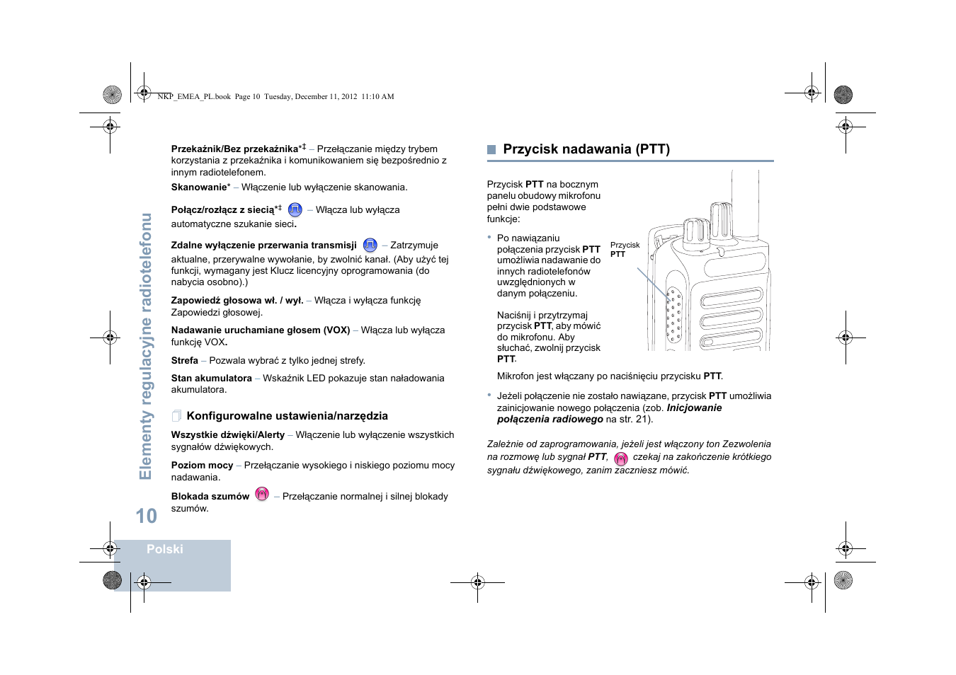 Konfigurowalne ustawienia/narzędzia, Przycisk nadawania (ptt), Elementy regulacyjne radiotelefonu | Motorola DP 2400 User Manual | Page 330 / 472