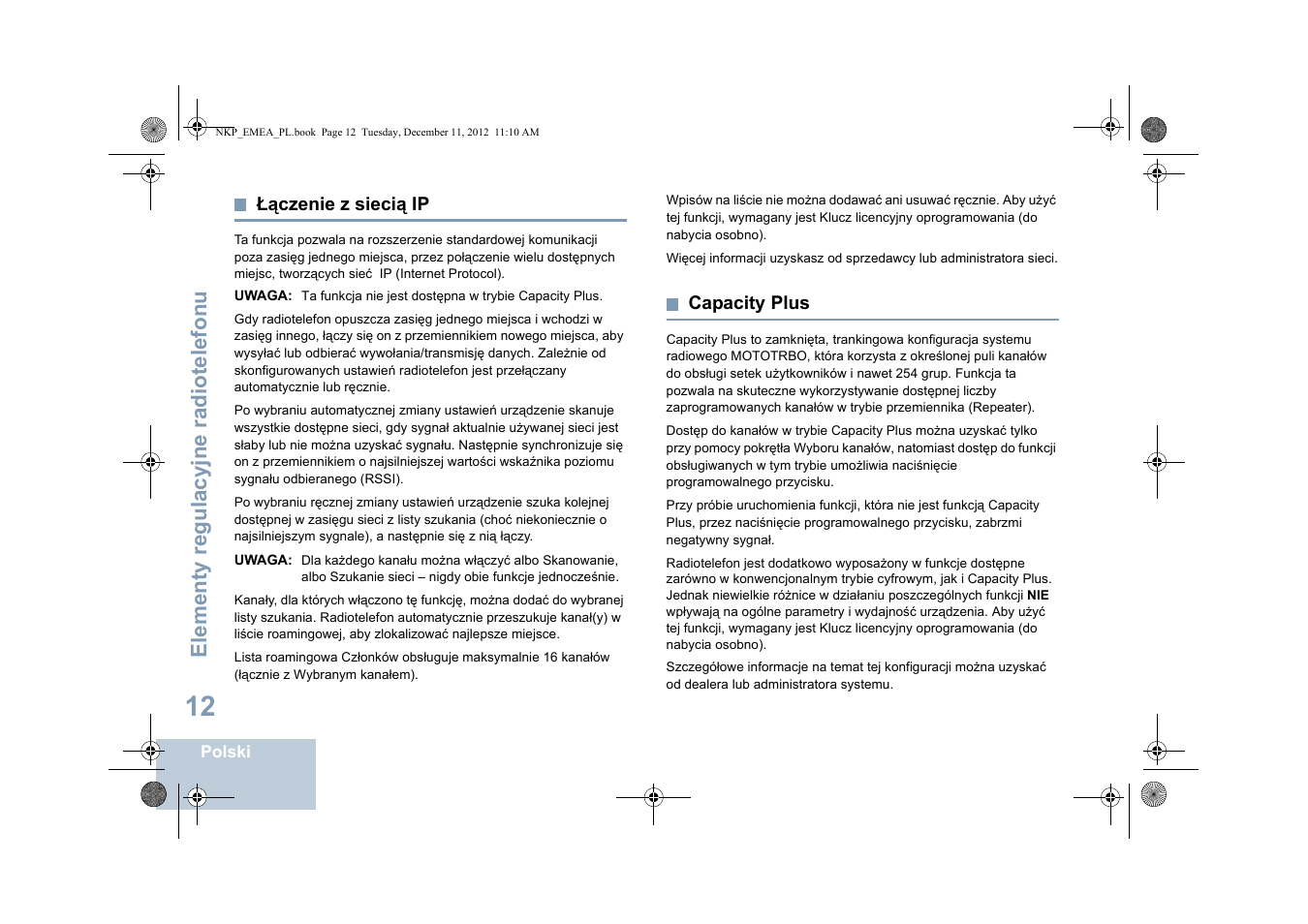 Łączenie z siecią ip, Capacity plus, Łączenie z siecią ip capacity plus | E łączenie z siecią ip, Elementy regulacyjne radiotelefonu | Motorola DP 2400 User Manual | Page 332 / 472