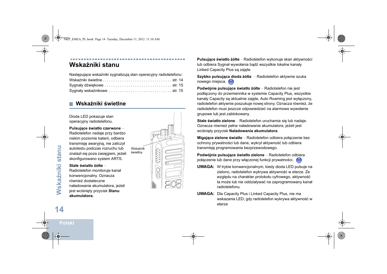 Wskaźniki stanu, Wskaźniki świetlne, Wska źniki st anu | Motorola DP 2400 User Manual | Page 334 / 472