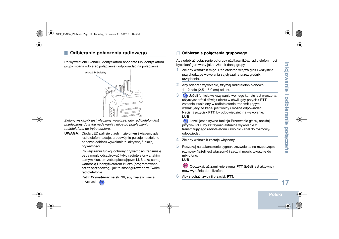 Odbieranie połączenia radiowego, Odbieranie połączenia grupowego, Inicjowanie i odbieranie po łą cze ń s | Motorola DP 2400 User Manual | Page 337 / 472