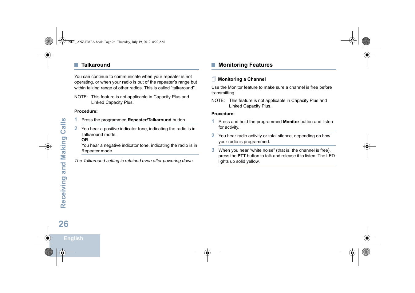 Talkaround, Monitoring features, Monitoring a channel | Talkaround monitoring features, Receiving and making calls | Motorola DP 2400 User Manual | Page 34 / 472