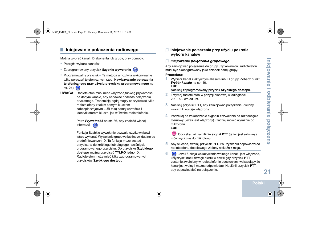 Inicjowanie połączenia radiowego, Inicjowanie połączenia grupowego, Inicjowanie i odbieranie po łą cze ń s | Motorola DP 2400 User Manual | Page 341 / 472