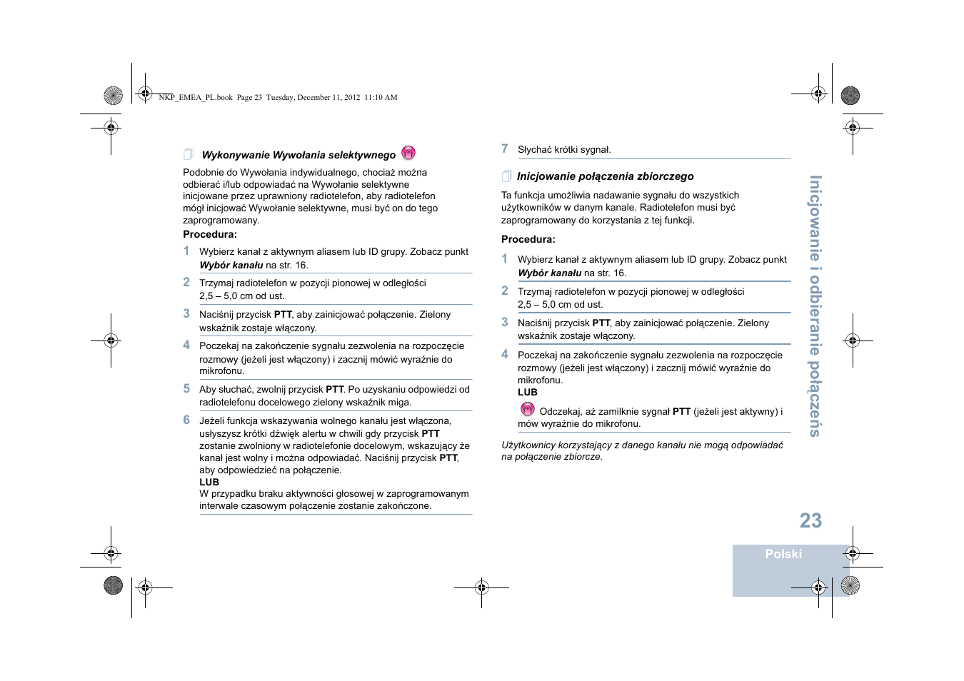 Wykonywanie wywołania selektywnego, Inicjowanie połączenia zbiorczego, Inicjowanie i odbieranie po łą cze ń s | Motorola DP 2400 User Manual | Page 343 / 472