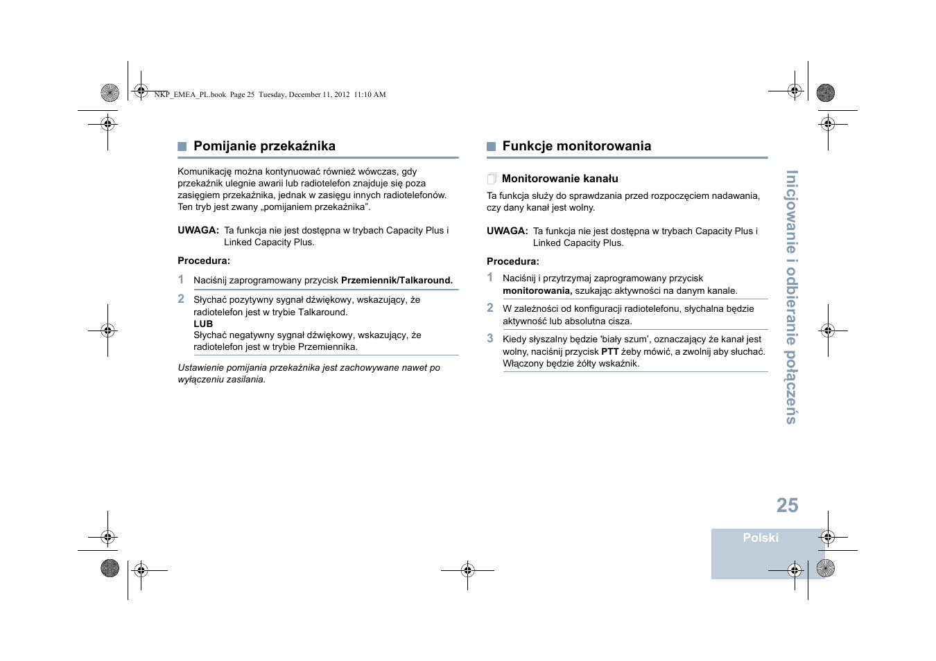 Pomijanie przekaźnika, Funkcje monitorowania, Monitorowanie kanału | Pomijanie przekaźnika funkcje monitorowania, Inicjowanie i odbieranie po łą cze ń s | Motorola DP 2400 User Manual | Page 345 / 472