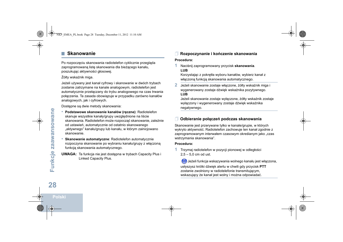 Skanowanie, Rozpoczynanie i kończenie skanowania, Odbieranie połączeń podczas skanowania | Fu nkcje zaaw an so wane | Motorola DP 2400 User Manual | Page 348 / 472