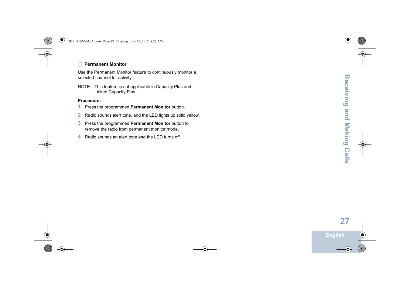 Permanent monitor, Receiving and making calls | Motorola DP 2400 User Manual | Page 35 / 472