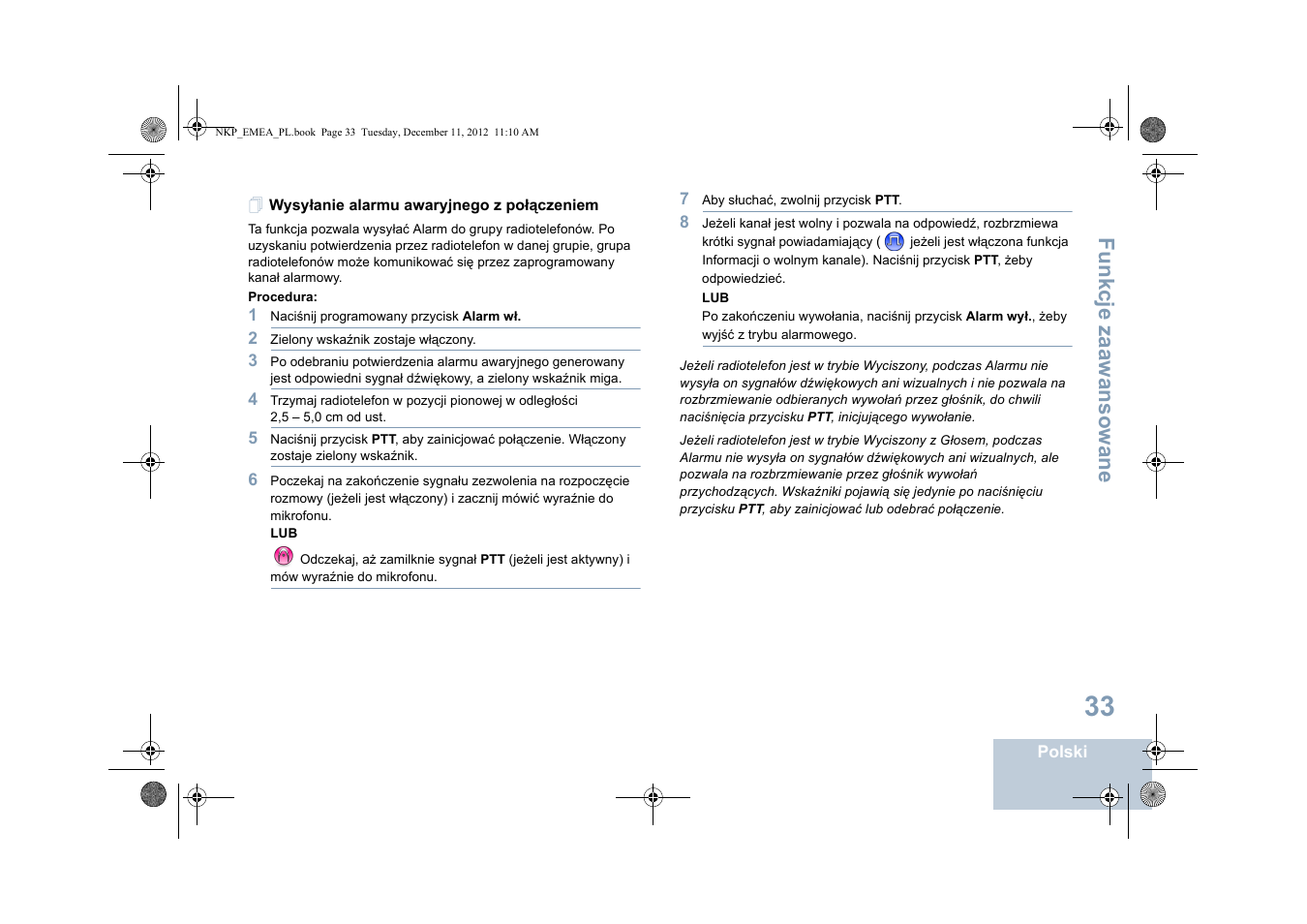 Wysyłanie alarmu awaryjnego z połączeniem, Fu n kcje zaaw an so wan e | Motorola DP 2400 User Manual | Page 353 / 472