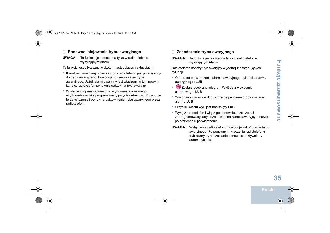 Ponowne inicjowanie trybu awaryjnego, Zakończenie trybu awaryjnego, Fu n kcje zaaw an so wan e | Motorola DP 2400 User Manual | Page 355 / 472