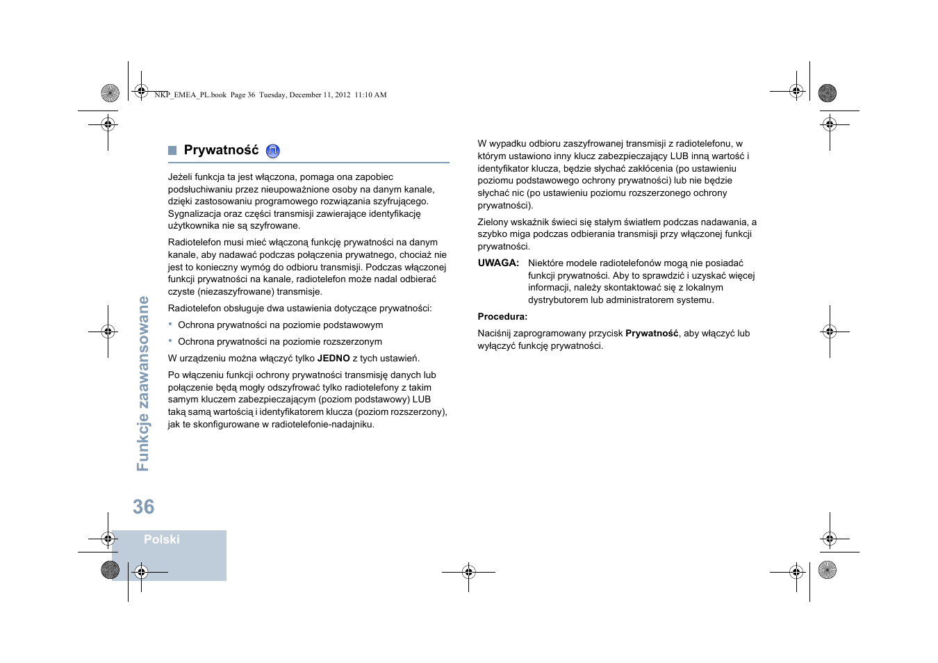 Prywatność, Z prywatność, Fu nkcje zaaw an so wane | Motorola DP 2400 User Manual | Page 356 / 472