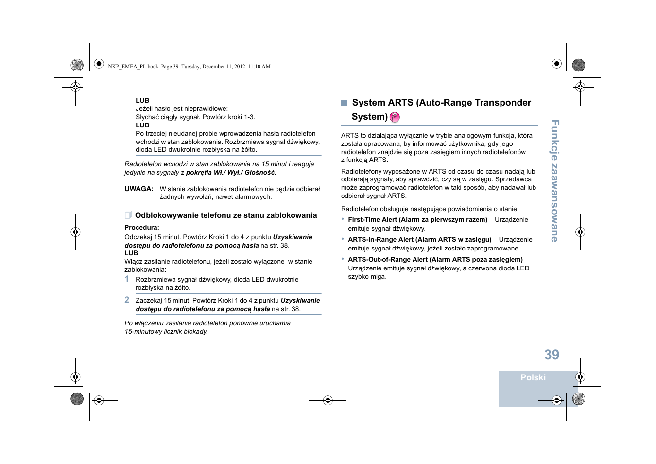 Odblokowywanie telefonu ze stanu zablokowania, System arts (auto-range transponder system), Odblokowywanie telefonu ze stanu zablokowania 39 | System arts (auto-range transponder system) . 39, Fu n kcje zaaw an so wan e | Motorola DP 2400 User Manual | Page 359 / 472