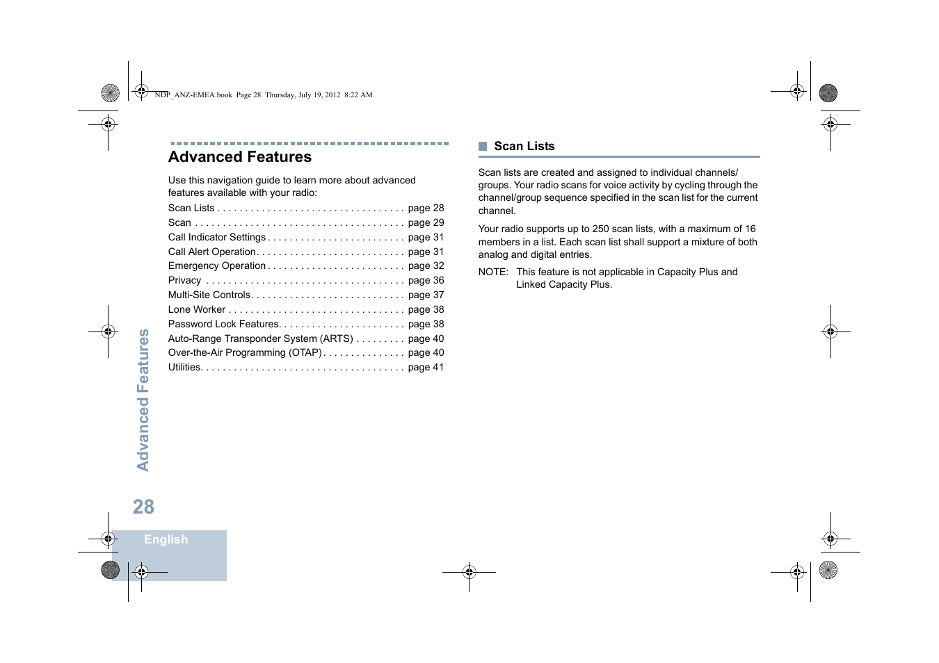 Advanced features, Scan lists | Motorola DP 2400 User Manual | Page 36 / 472