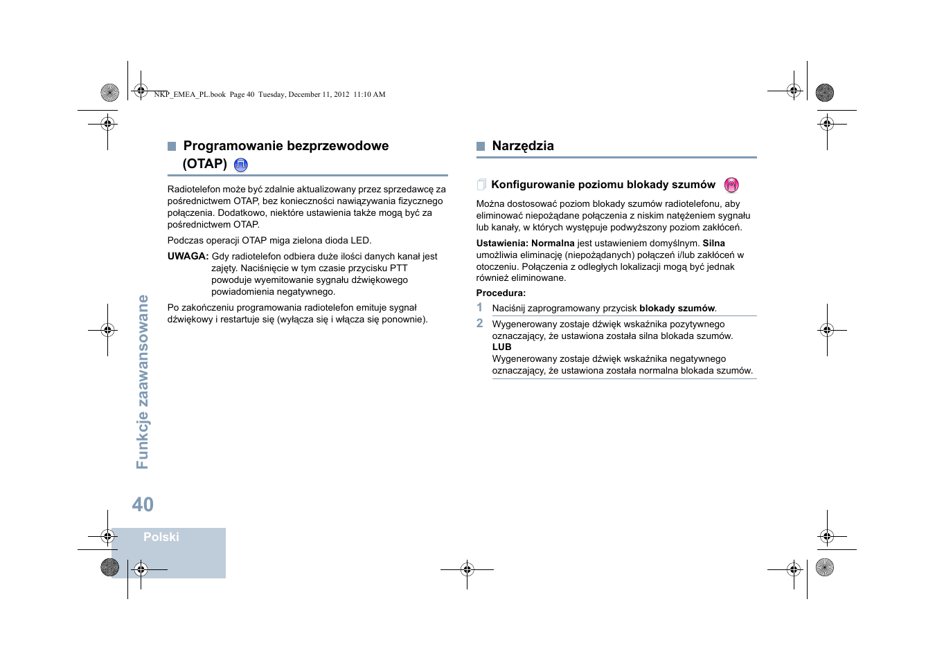 Programowanie bezprzewodowe (otap), Narzędzia, Konfigurowanie poziomu blokady szumów | Programowanie bezprzewodowe (otap) narzędzia | Motorola DP 2400 User Manual | Page 360 / 472