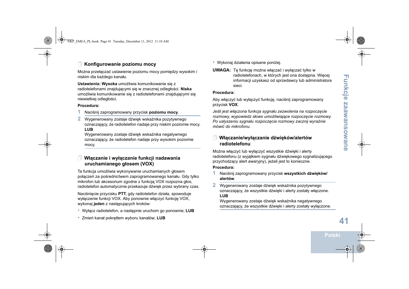 Konfigurowanie poziomu mocy, Włączanie/wyłączanie dźwięków/alertów, Radiotelefonu | Fu n kcje zaaw an so wan e | Motorola DP 2400 User Manual | Page 361 / 472