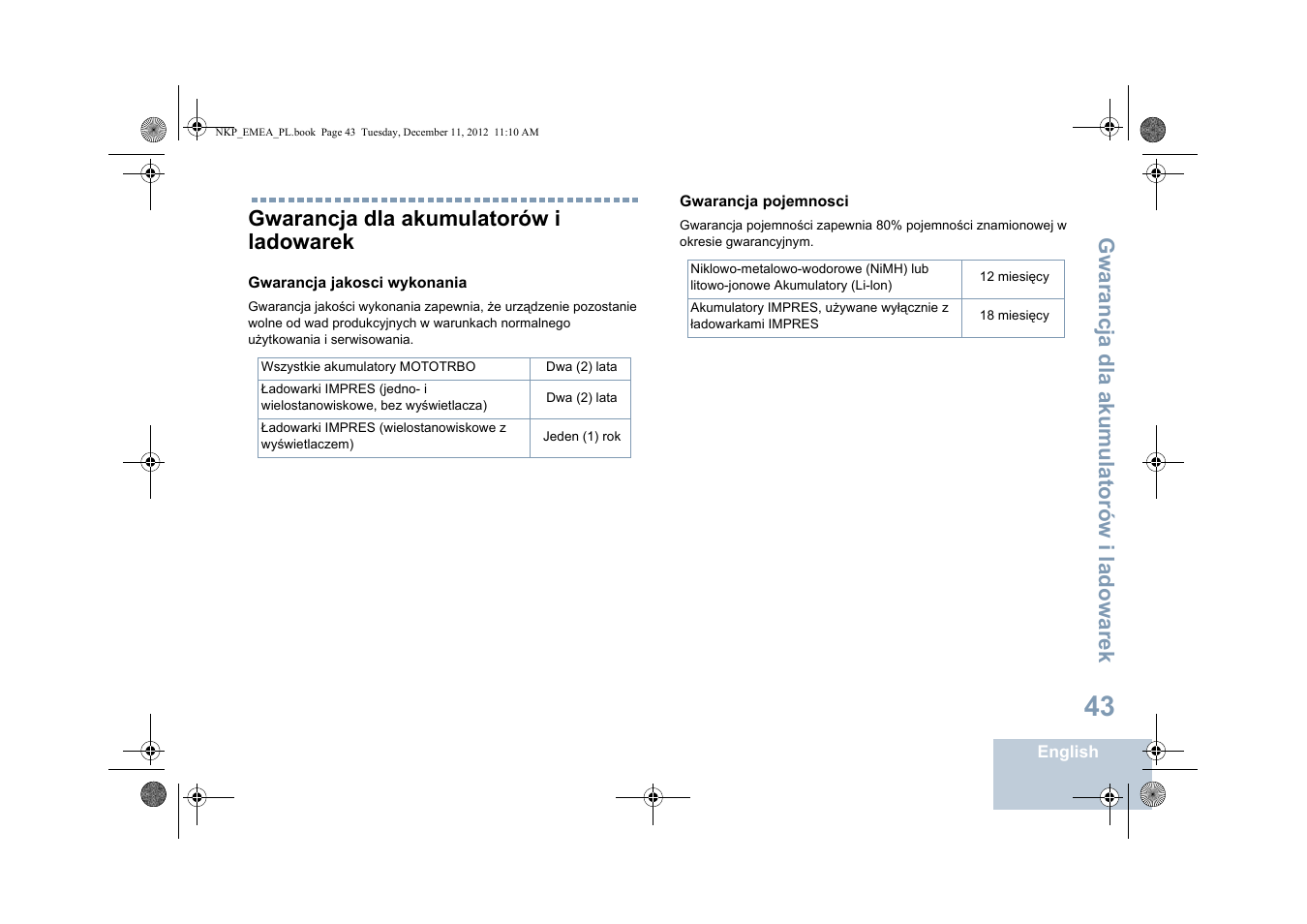 Gwarancja dla akumulatorów i ladowarek, Gwarancja dla akumula torów i ladowarek | Motorola DP 2400 User Manual | Page 363 / 472