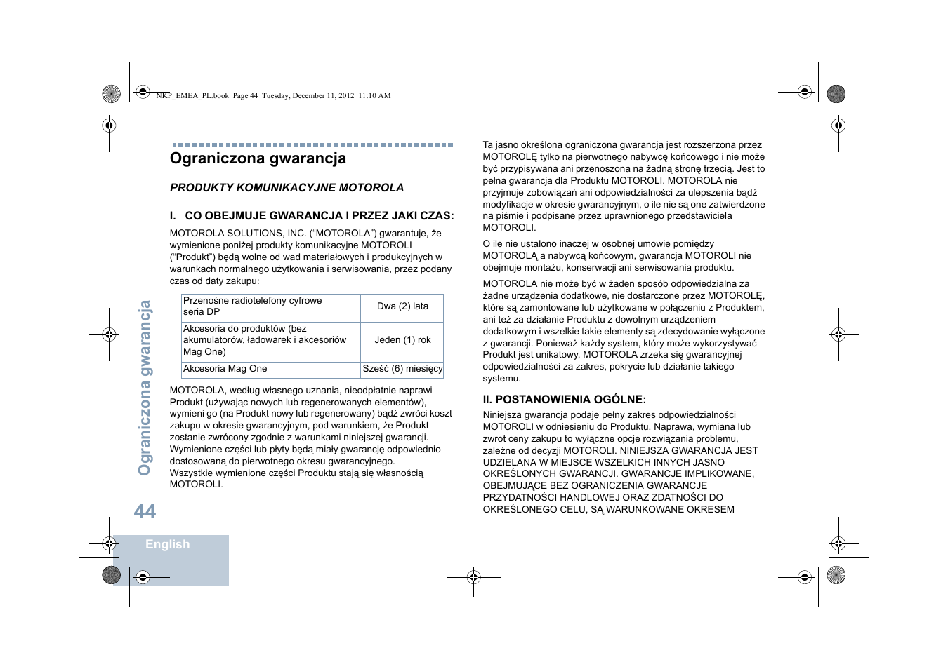 Ograniczona gwarancja | Motorola DP 2400 User Manual | Page 364 / 472