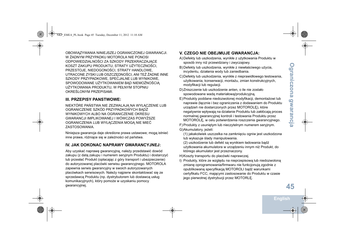 Ograniczona gwarancja | Motorola DP 2400 User Manual | Page 365 / 472