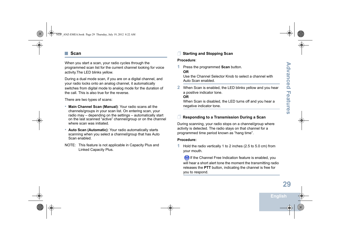 Scan, Starting and stopping scan, Responding to a transmission during a scan | Advanced features | Motorola DP 2400 User Manual | Page 37 / 472