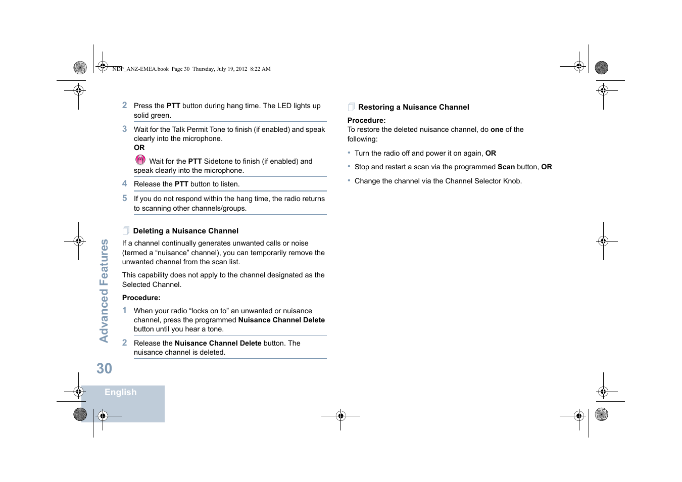 Deleting a nuisance channel, Restoring a nuisance channel, Advanced features | Motorola DP 2400 User Manual | Page 38 / 472